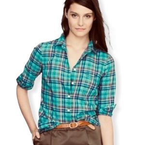 J. CREW Boy Turquoise Plaid Button-Down Shirt Blouse - 6